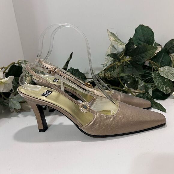 NWOT Stuart Weitzman Heels Women's Size 8.5 Gold Slingback Shimmery Ankle Strap - Picture 3 of 14